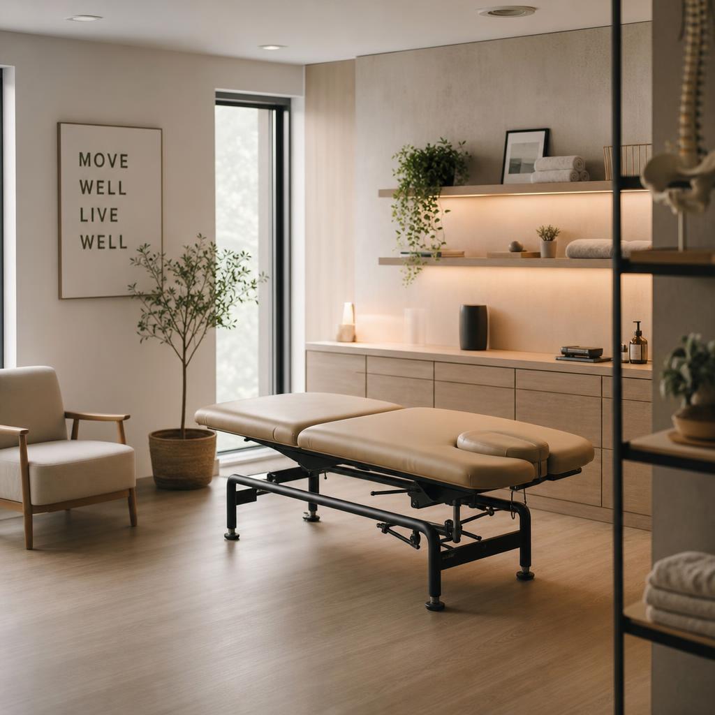 Lauren Reimers treatment room with a plinth, natural light and clinic equipment